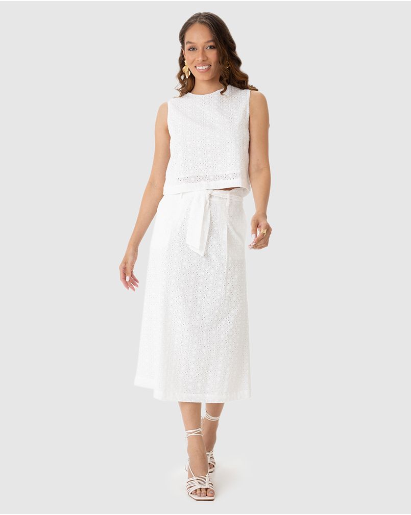 Saia Midi Feminina Evasê Com Cinto Em Laise Algodão BRANCO Malwee