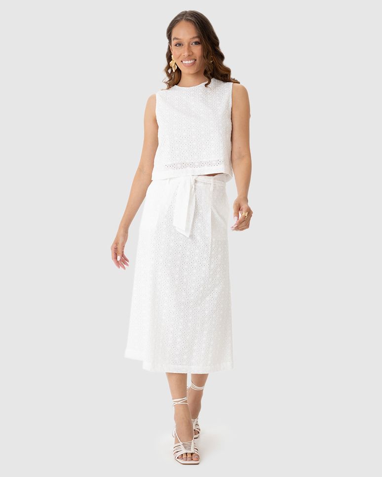 Saia Midi Feminina Evasê Com Cinto Em Laise Algodão