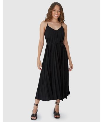 Vestido Midi Feminino Decote V Alça Fina Em Tecido Plissado