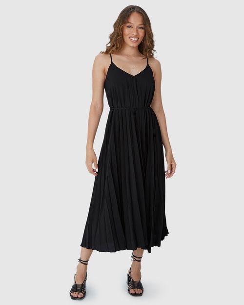 Vestido Midi Feminino Decote V Alça Fina Em Tecido Plissado