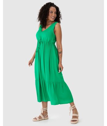 Vestido Midi Feminino Evasê Amarração Funcional Em Viscose