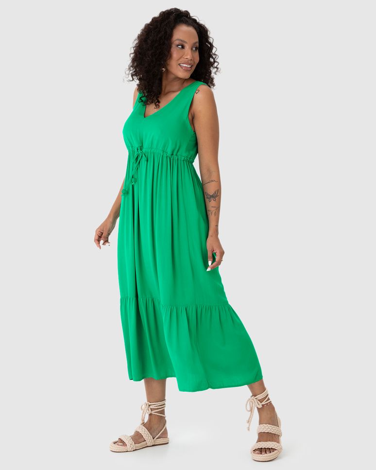 Vestido Midi Feminino Evasê Amarração Funcional Em Viscose