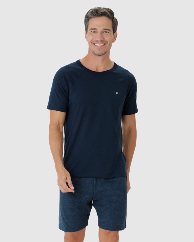 Pijama Masculino Camiseta Bordado Peitoral Em Algodão