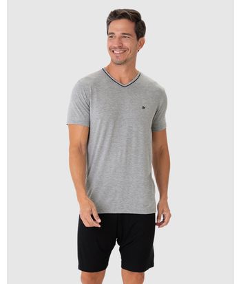 Pijama Masculino Camiseta Gola V Filete Em Viscose Stretch