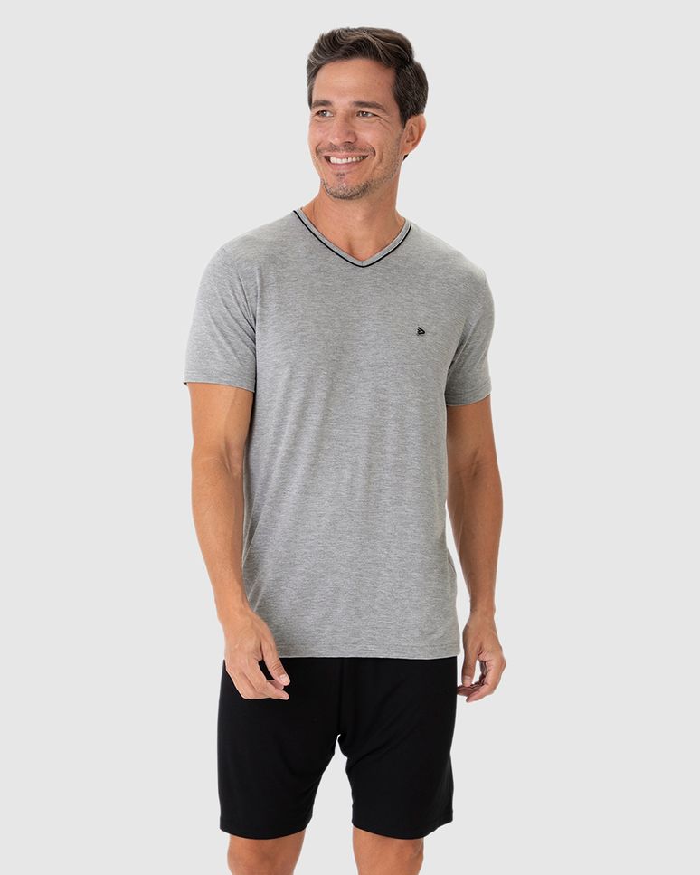 Pijama Masculino Camiseta Gola V Filete Em Viscose Stretch