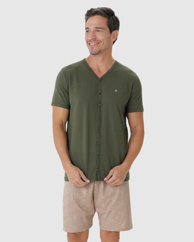 Pijama Masculino Camiseta Abotoamento Frontal Em Algodão