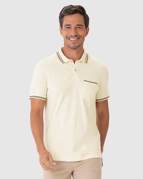 Camisa Polo Masculina Regular Bolso Frontal Em Malha Linho