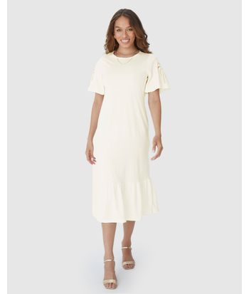Vestido Midi Feminino Bordado Na Manga Em Malha Algodão Comfy