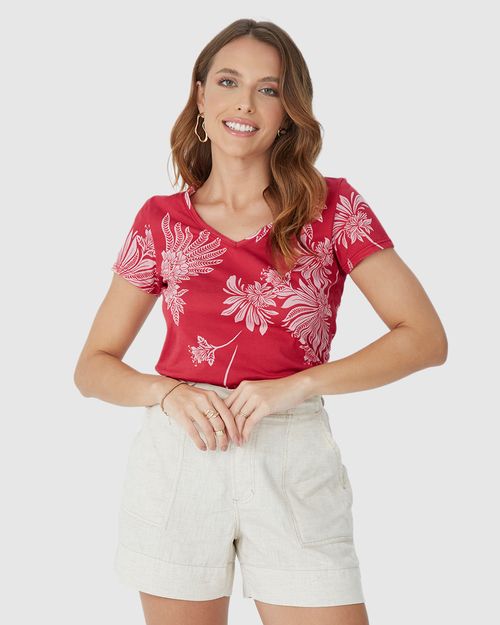 Blusa Feminina Estampada Decote V Em Algodão