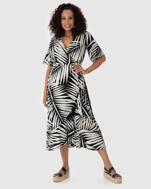 Vestido Midi Feminino Transpassado Amarração Funcional Em Viscolinho