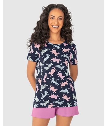 Pijama Feminino Manga Curta Estampa Felinos Em Algodão