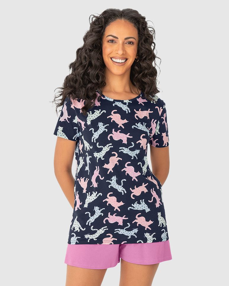 Pijama Feminino Manga Curta Estampa Felinos Em Algodão