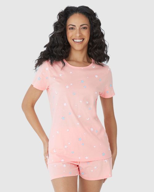 Pijama Feminino Blusa E Shorts Estampado Em Algodão