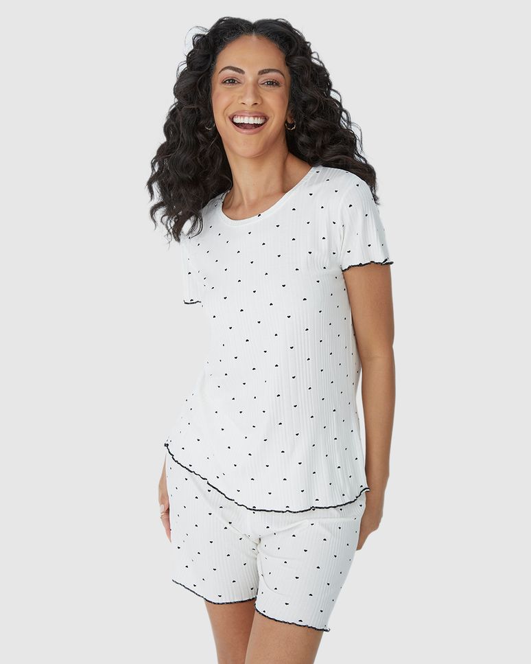 Pijama Feminino Estampado Com Barra Picot Em Malha Viscose Canelada