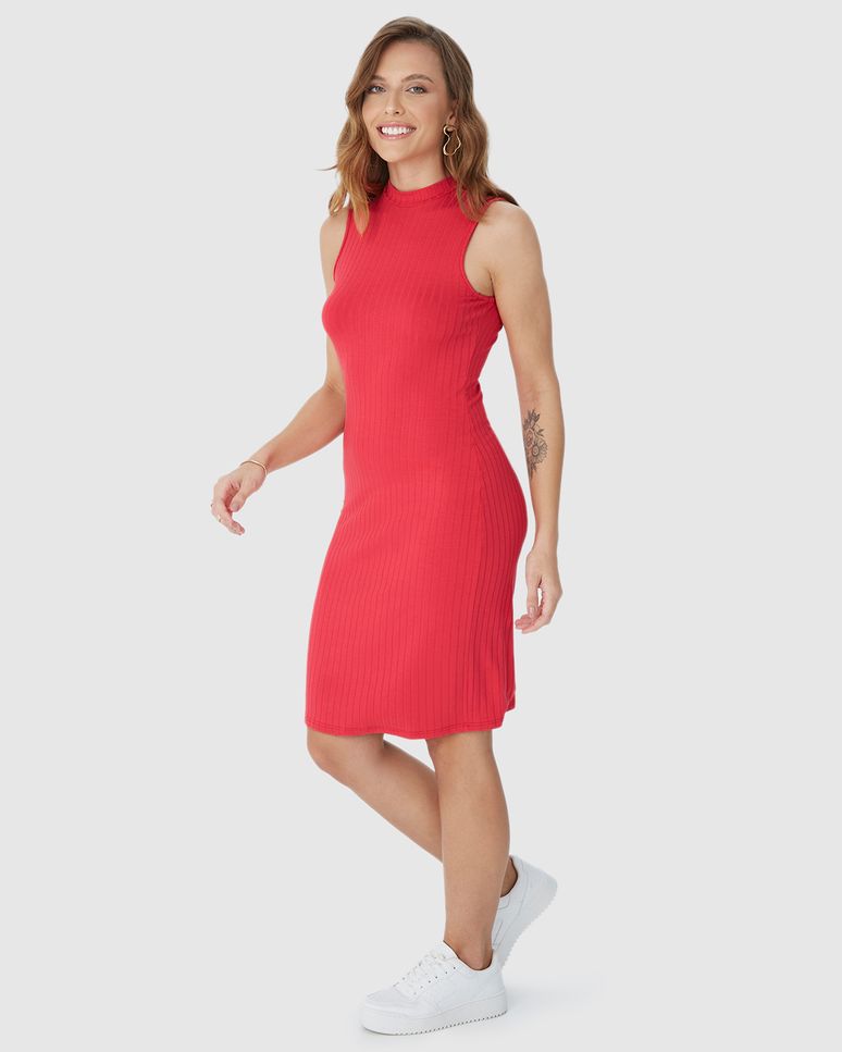 Vestido Básico Feminino Gola Alta Em Canelado De Viscose
