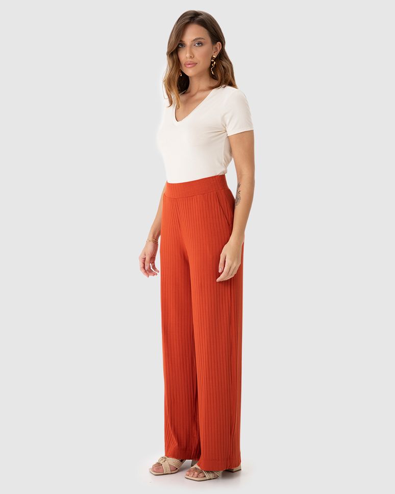 Calça Wide Leg Feminina Cintura Alta Em Malha Canelada De Viscose