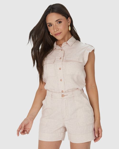 Shorts Alfaiataria Feminino Cintura Alta Em Sarja Linho