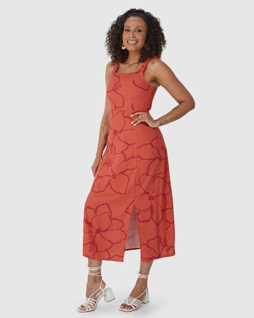 Vestido Midi Feminino Acinturado Fenda Frontal Em Viscolinho