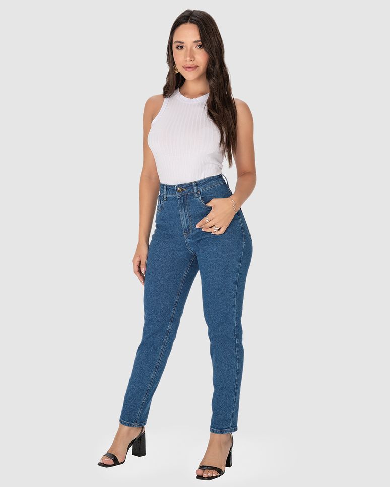 Calça Feminina Mom Cintura Alta Em Jeans Com Elastano
