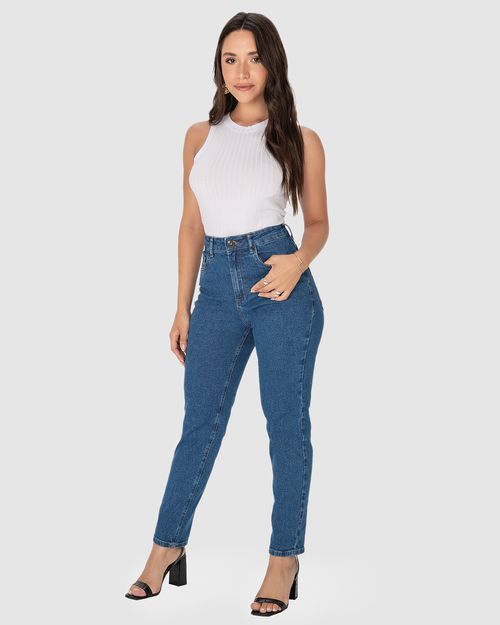 Calça Feminina Mom Cintura Alta Em Jeans Com Elastano
