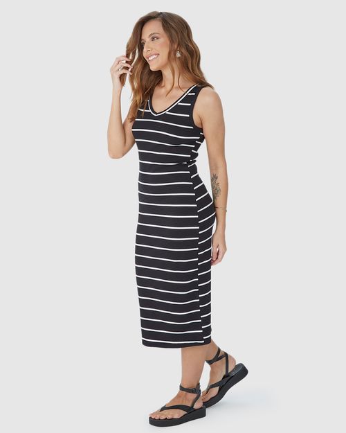 Vestido Midi Feminino Decote V Listrado Em Ribana