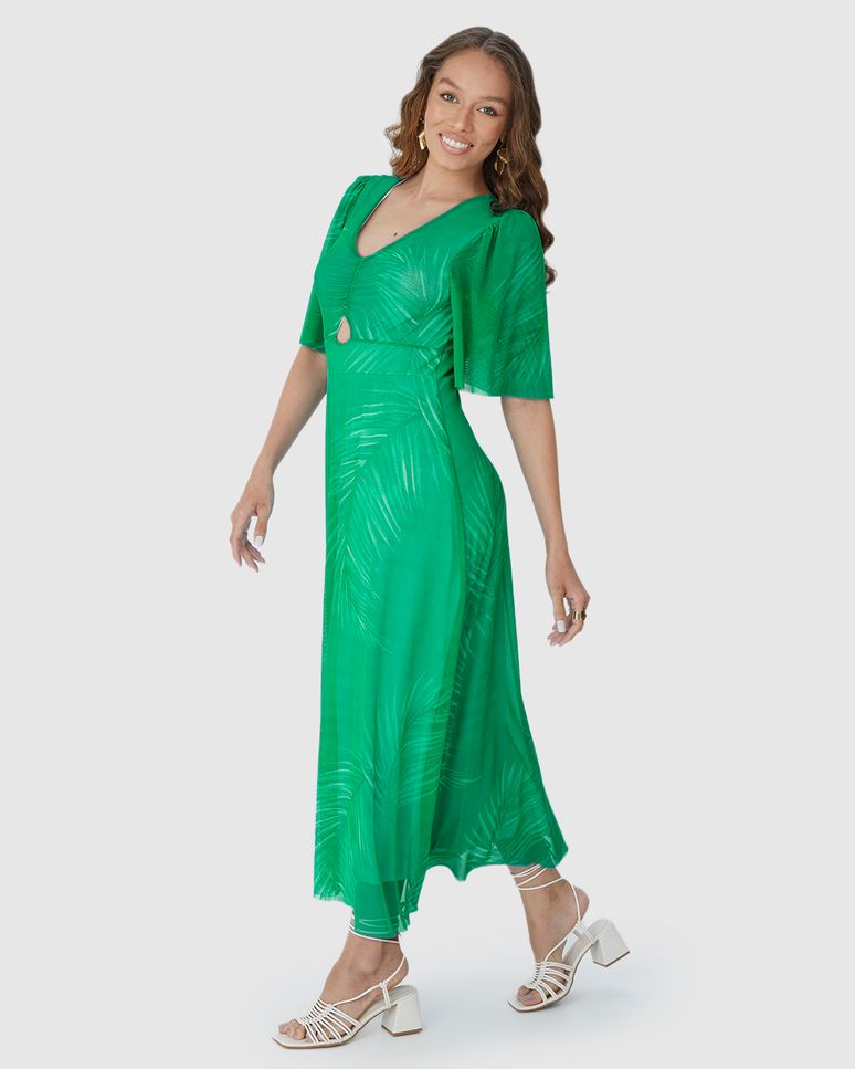 Vestido Longo Feminino Estampado Decote V Em Tule Stretch