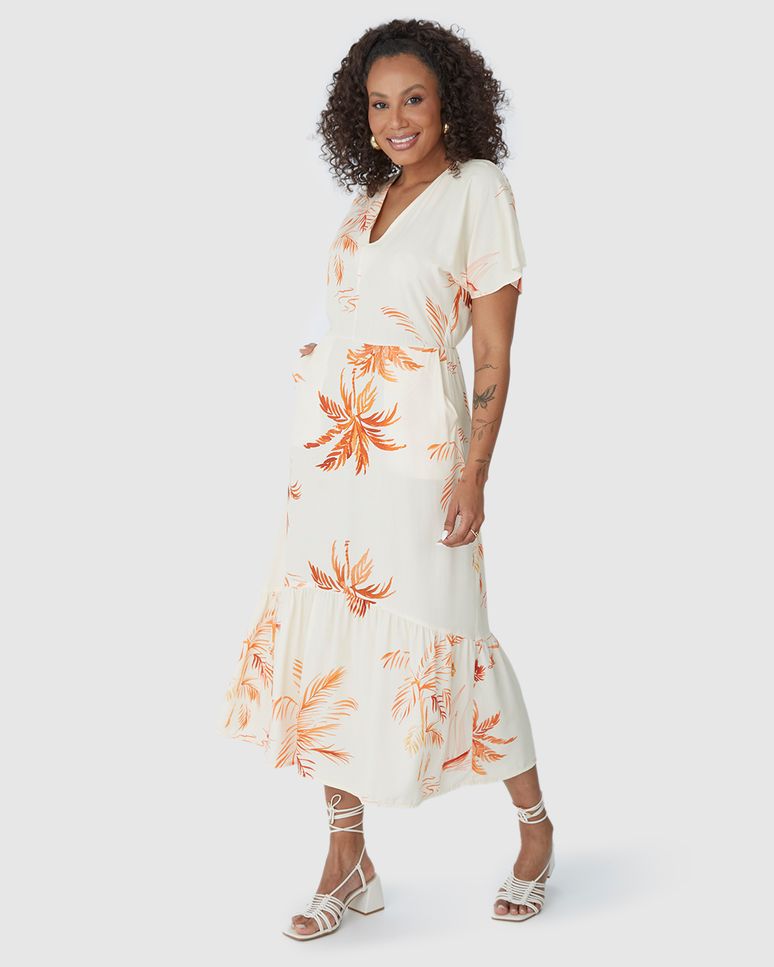 Vestido Midi Feminino Evasê Estampado Em Viscose