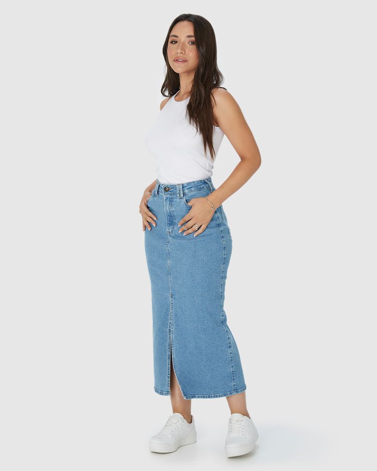 Saia Midi Feminina Fenda Frontal Em Jeans Com Elastano