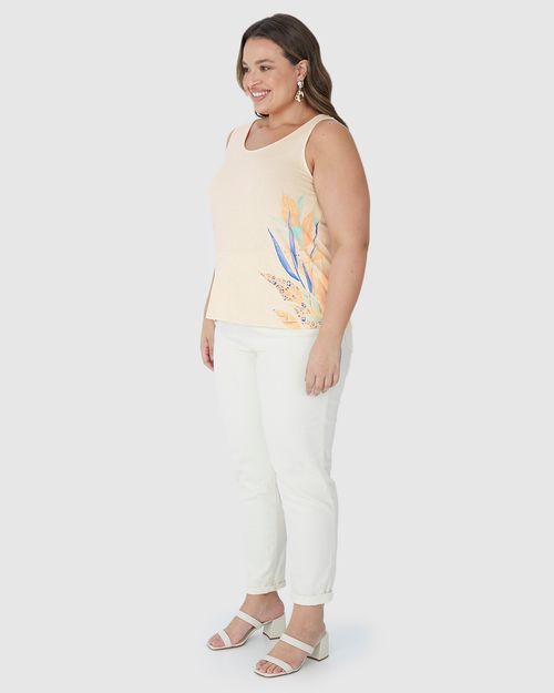 Regata Feminina Plus Size Estampa Localizada Em Malha Viscolinho Stretch