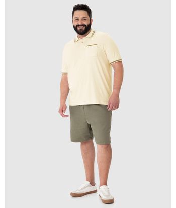 Camisa Polo Masculina Plus Size Bolso Frontal Em Malha Linho