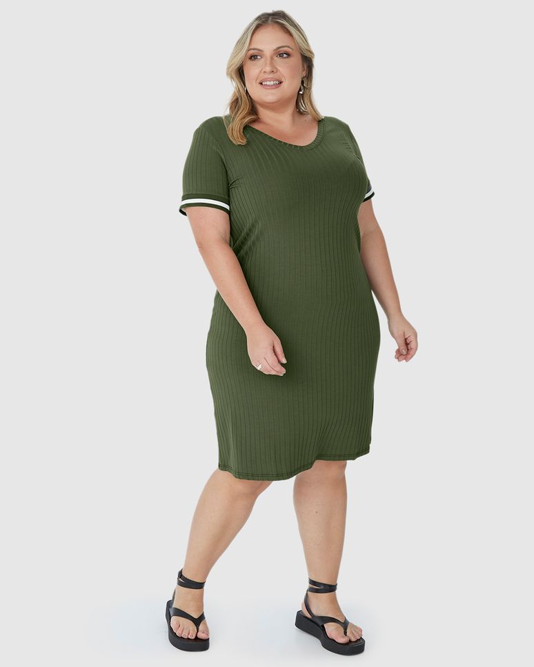 Vestido Feminino Plus Size Reto Manga Retilínea Em Canelado De Viscose