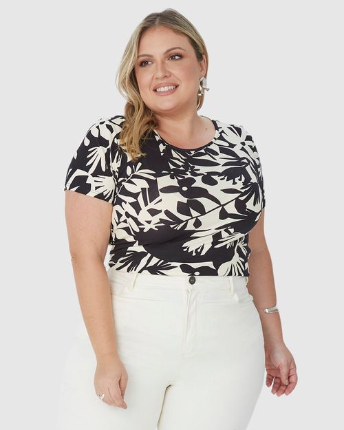 Blusa Feminina Plus Size Manga Curta Folhagem Em Viscose Stretch