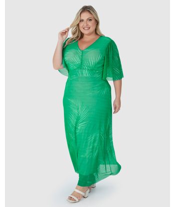 Vestido Longo Feminino Plus Size Estampado Decote V Em Tule Stretch
