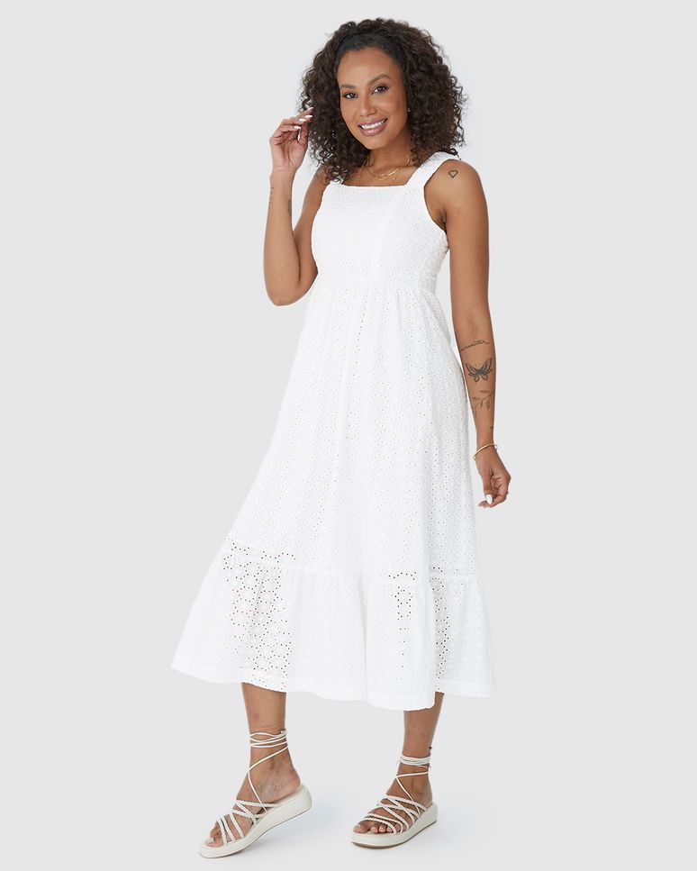 Vestido Midi Feminino Decote Reto Em Laise Algodão