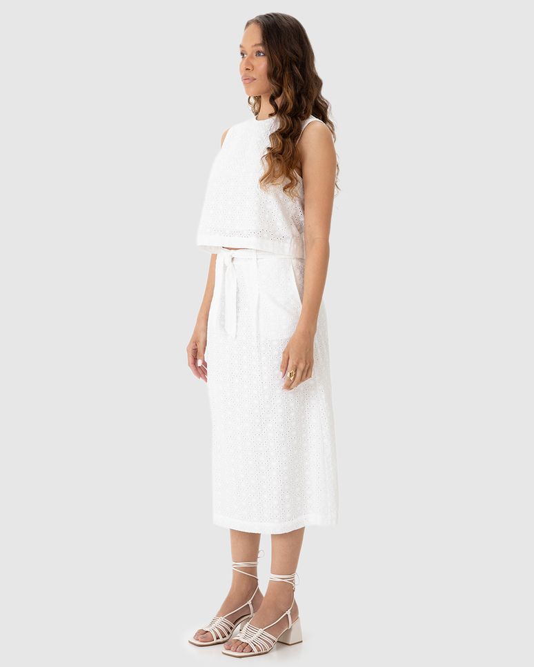 Saia Midi Feminina Evasê Com Cinto Em Laise Algodão