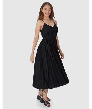 Vestido Midi Feminino Decote V Alça Fina Em Tecido Plissado