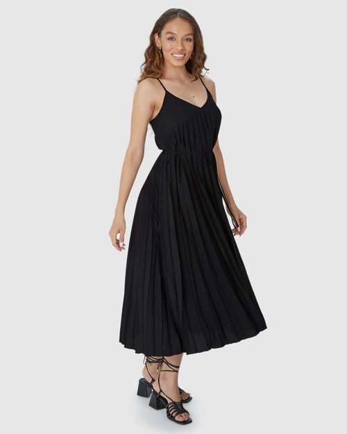 Vestido Midi Feminino Decote V Alça Fina Em Tecido Plissado