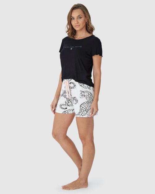 Pijama Feminino Shorts Estampada Com Cadarço Em Viscose Stretch