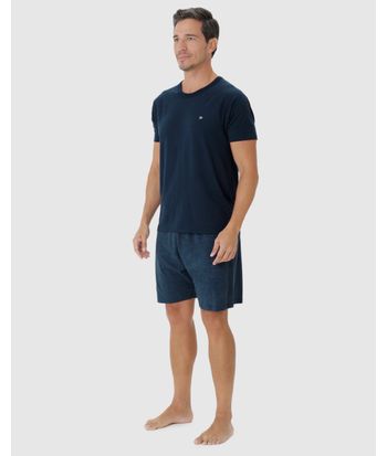 Pijama Masculino Camiseta Bordado Peitoral Em Algodão