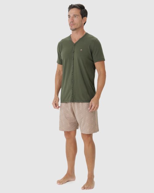 Pijama Masculino Camiseta Abotoamento Frontal Em Algodão