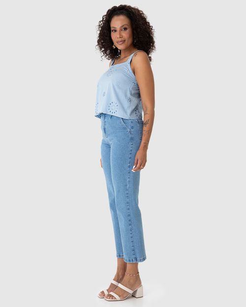 Regata Cropped Feminina Decote Reto Em Laise Algodão