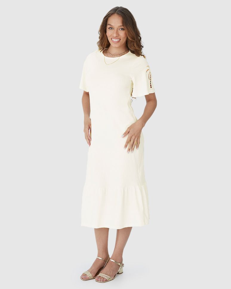 Vestido Midi Feminino Bordado Na Manga Em Malha Algodão Comfy