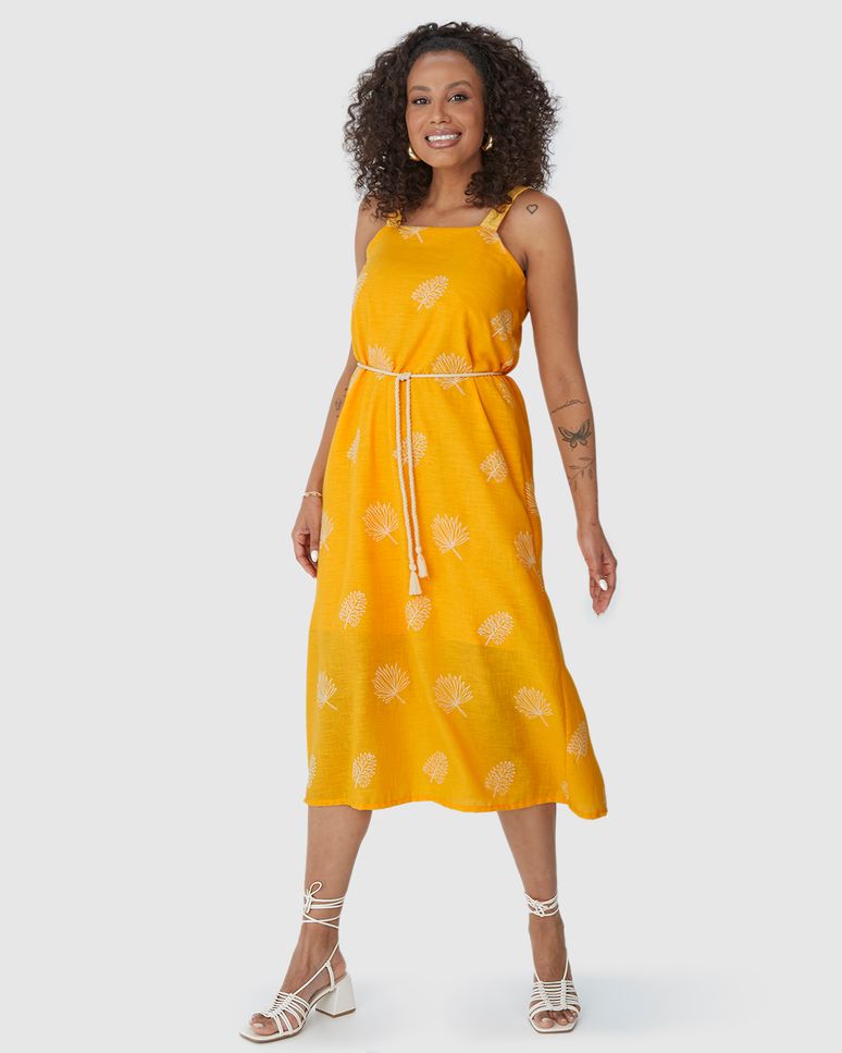 Vestido Midi Feminino Cinto De Corda Em Tecido Bordado