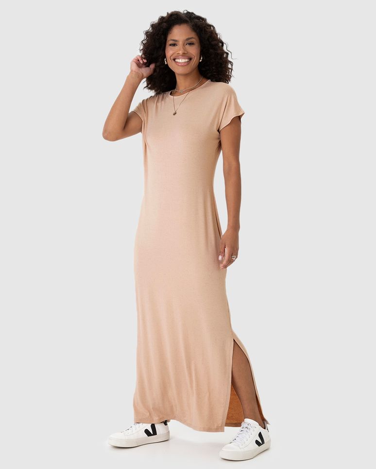 Vestido Midi Feminino Fenda Lateral Em Malha Viscolinho Stretch