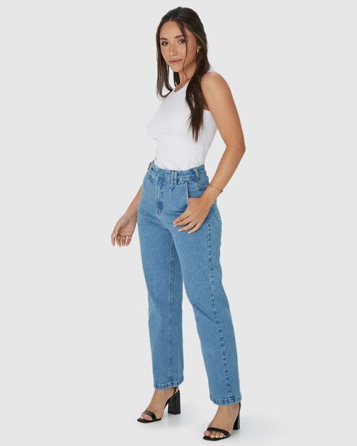 Calça Straight Cropped Cós Transpassado Em Jeans Com Elastano