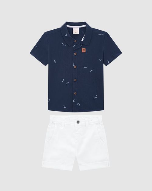 Conjunto Menino Camisa Manga Curta Em Viscolinho Texturizado - Carinhoso
