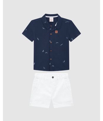 Conjunto Menino Camisa Manga Curta Em Viscolinho Texturizado - Carinhoso