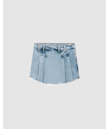 Shorts Saia Menina Com Pregas Em Jeans Com Elastano - Carinhoso