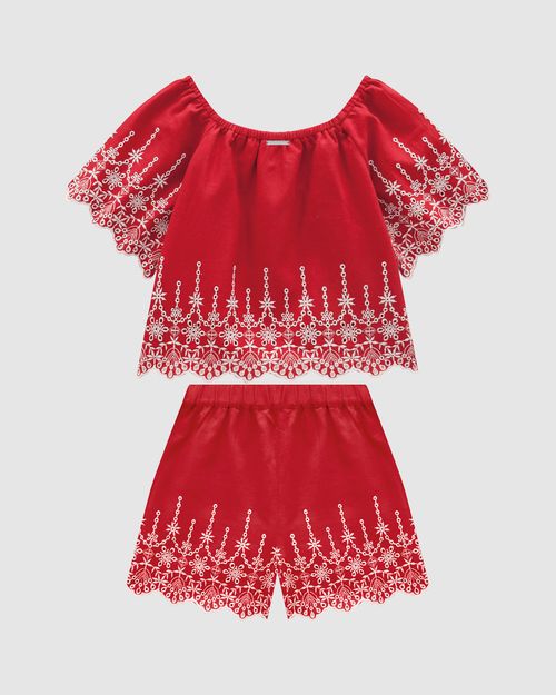 Conjunto Menina Blusa E Shorts Em Tecido Com Bordado - Carinhoso