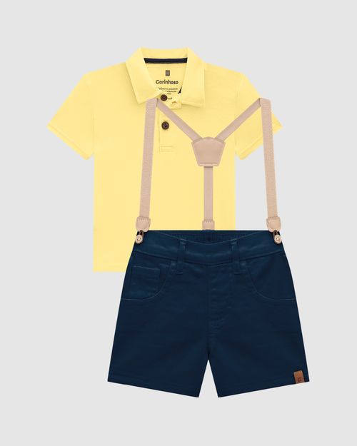 Conjunto Menino Camisa Polo E Bermuda Com Suspensório - Carinhoso